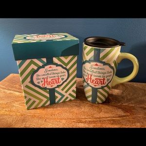Reduced pricing for Christmas  ceramic Heartfelt travel mug w/ lid.  Hot or Cold